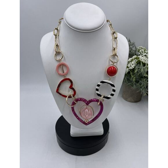 Betsey Johnson Modern Red Pink Mixed Heart & Bead Shapes Statement Necklace - Picture 14 of 16